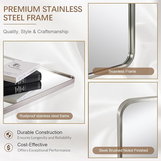 ANDY STAR 48x36 Inch Brushed Nickel Bathroom Mirror, Rounded Rectangle Bathroom - Image 5