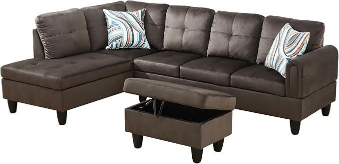 L Shaped Couch Modern Sectional Couch Upholstered Flannel Fabric 3 Pieces Sofas - Image 3