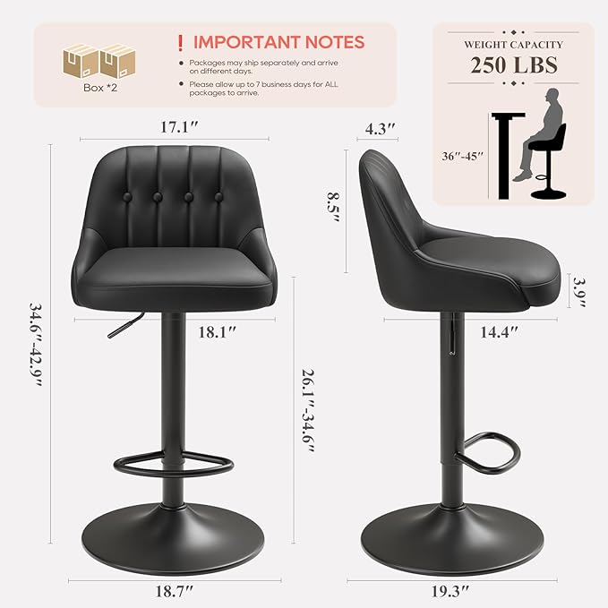 Bar Stools Set of 4, Swivel Bar Chairs, Modern Adjustable PU Leather - Image 2