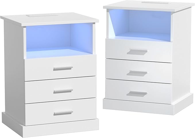 Nightstand with Charging Station, LED Lights Side Table with 3 Drawers - Image 8