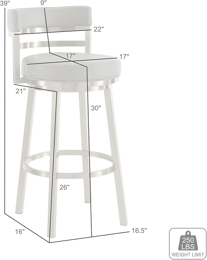 Armen Living Madrid 30" Seat Height Swivel Modern White Faux Leather and Gold - Image 3