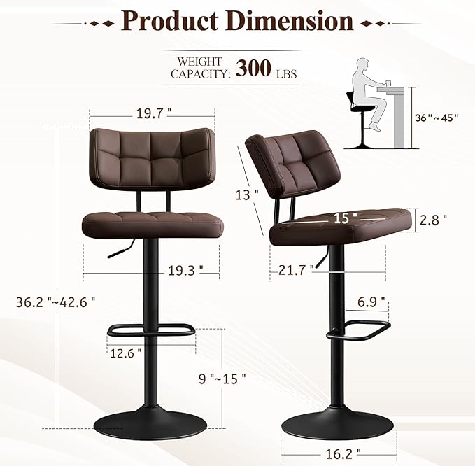 Furniliving Modern Bar Stools Set of 2 Faux Leather, Upholstered Swivel - Image 2