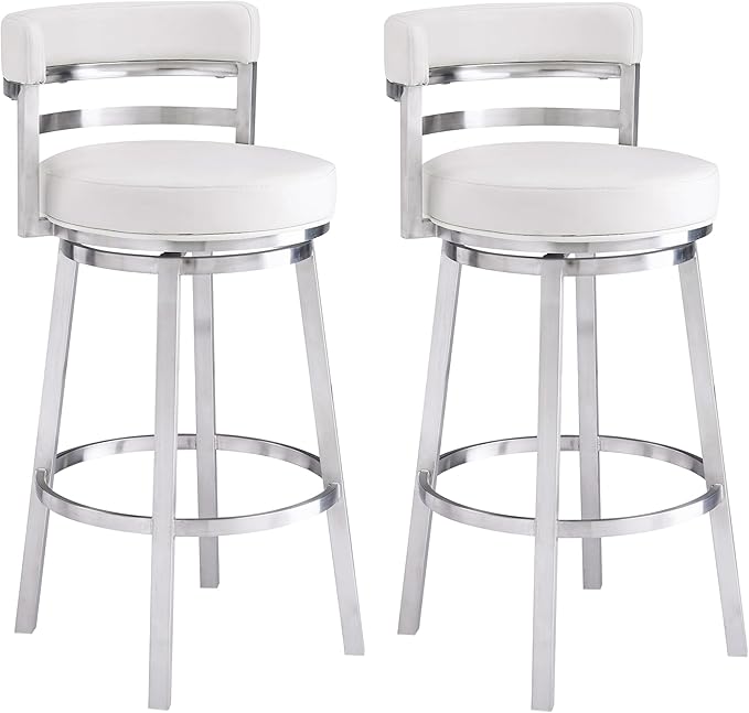 Armen Living Madrid 30" Seat Height Swivel White Faux Leather and Brushed by ArmenLiving