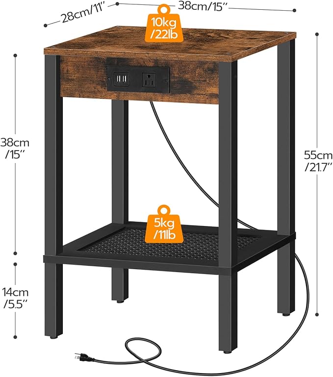 HOOBRO Side Table with Charging Station, Nightstand with 2-Tier Storage Shelf - Image 3