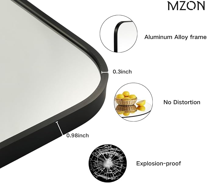 MZON 30x36 Inch Matte Black Wall Mirror, Large Rounded Rectangle Mirror - Image 3