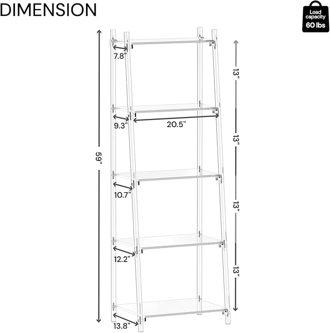Acrylic Ladder Bookshelf, 13.8" D x 20.5" W x 59" H, 5-Tier Tall Clear Bookcase - Image 3