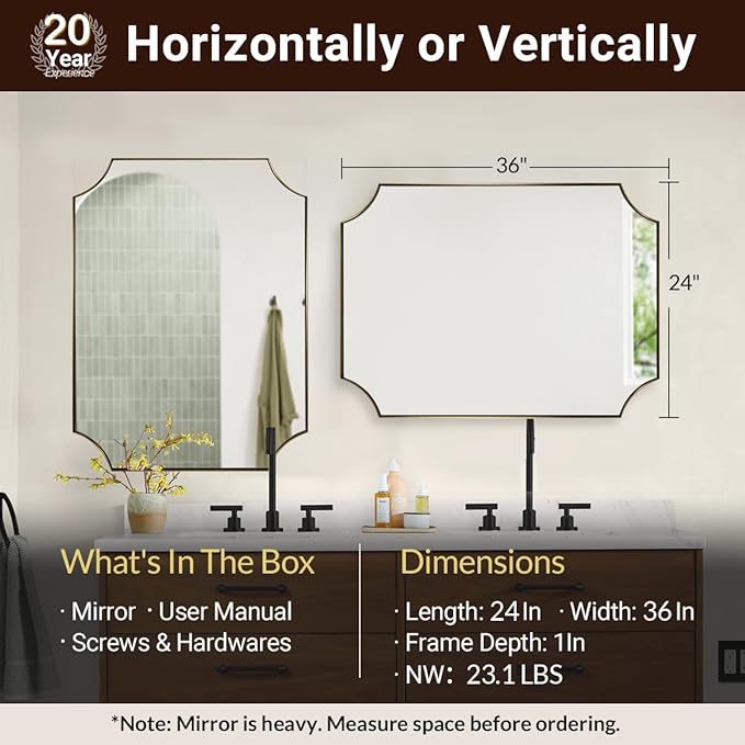 ANDY STAR Brushed Gold Rectangle Mirror, 24x36 Inch Scalloped Bathroom Mirror - Image 7