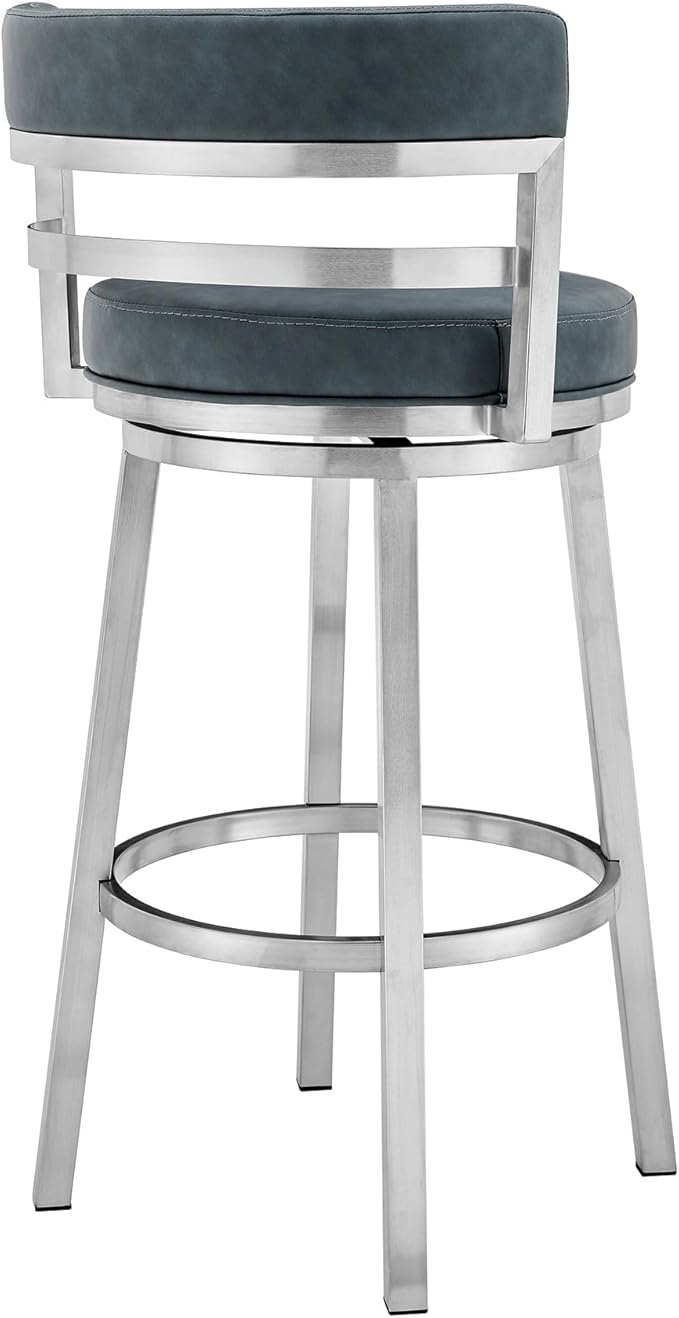 Armen Living Madrid 26" Seat Height Swivel Modern Blue Faux Leather and Brushed - Image 4