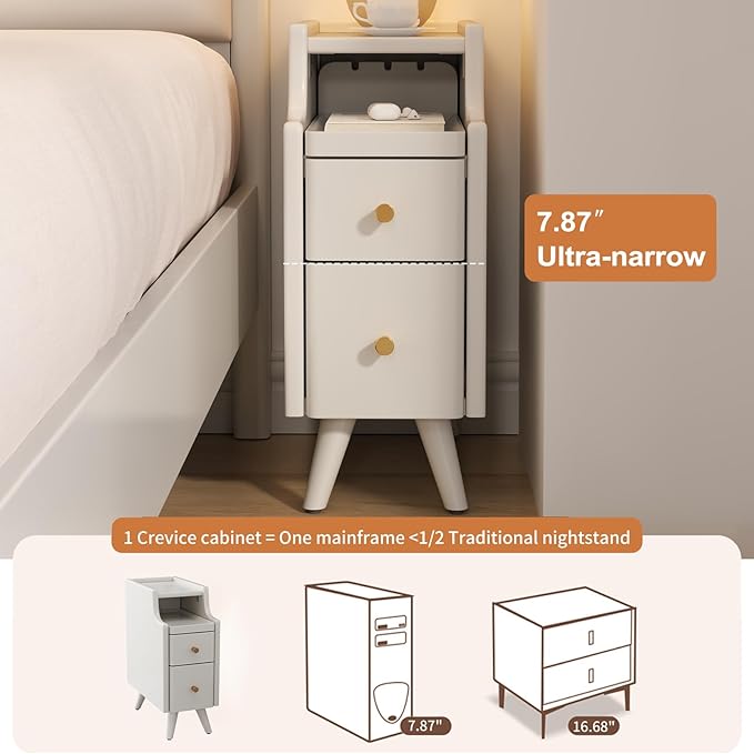 Small Nightstand with Drawers, Solid Wood Bedside Table, Narrow White Nightstand - Image 4
