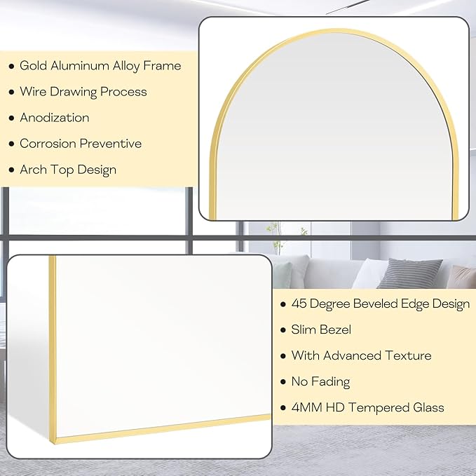 22" x 30" Gold Arched Mirror, Arch Bathroom Vanity Wall Mirror, Modern Aluminum - Image 2