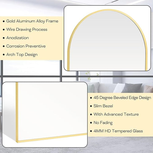22" x 30" Gold Arched Mirror, Arch Bathroom Vanity Wall Mirror, Modern Aluminum - Image 2