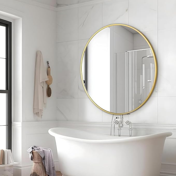 Gold Round Mirror 30 Inch Circle Mirror Bathroom Mirror Large Round Mirrors by PUZONJIG
