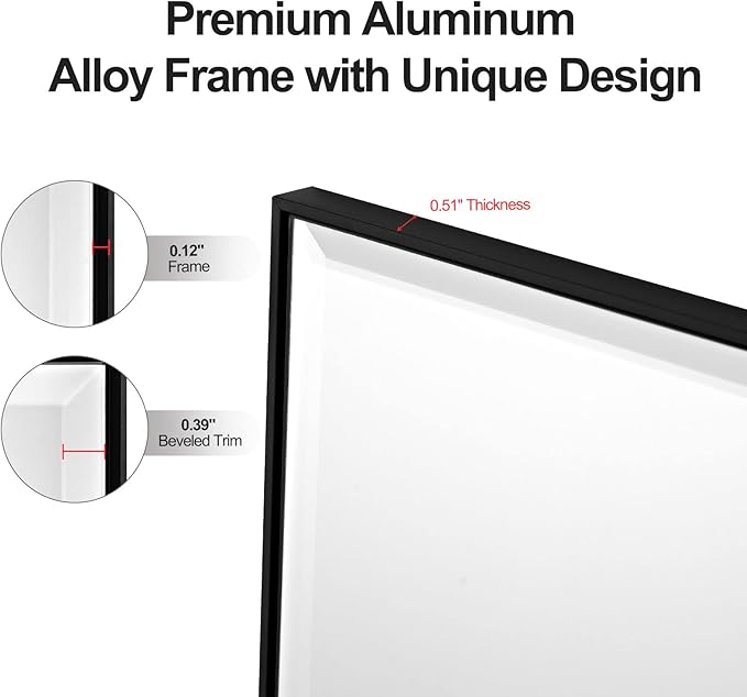 24x40 Inch Black Mirror with Beveled Trim, Aluminum Frame Bathroom Vanity Mirror - Image 6