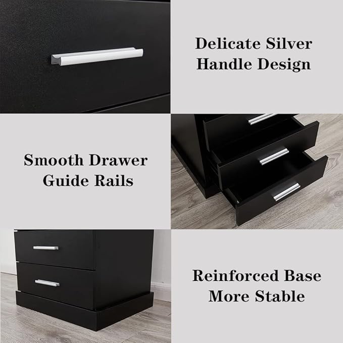 Black LED Nightstand with Charging Station, Side Table with 3 Drawers and Light - Image 8