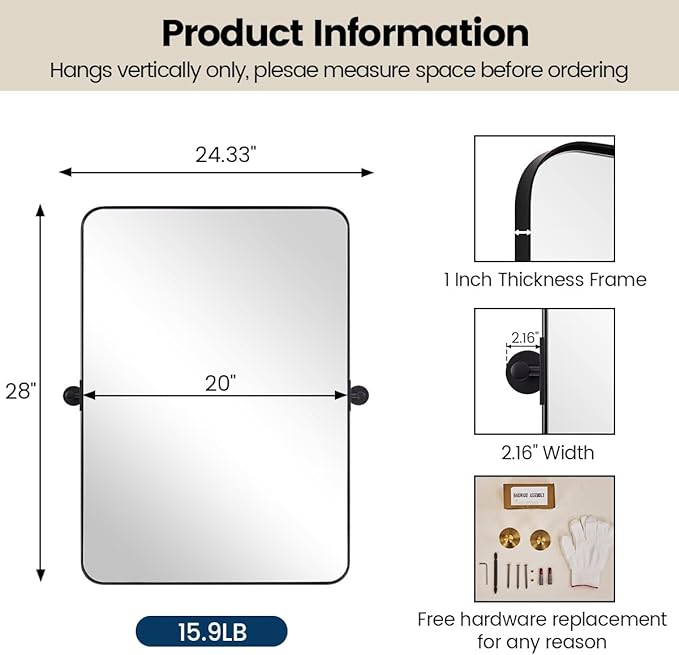 MOON MIRROR 20" x 28" Black Metal Framed Pivot Rectangle Bathroom Mirror - Image 3