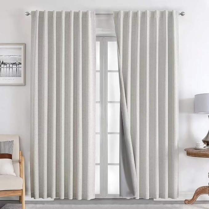 Joydeco Natural Linen Curtains 96 inch Length 2 Panels Set Burg 100% Blackout by JOYDECO