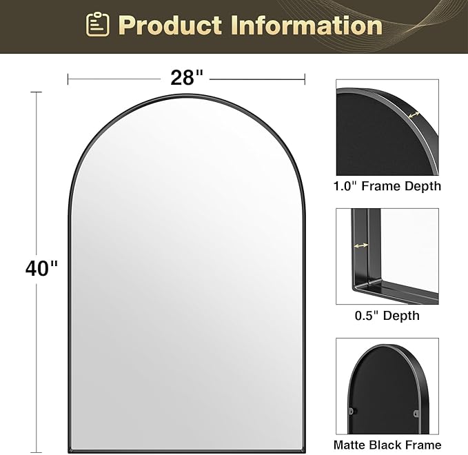 Brightify Arched Mirror, 28 x 40 Inch Black Arch Wall Mirror, Metal Frame Black - Image 7