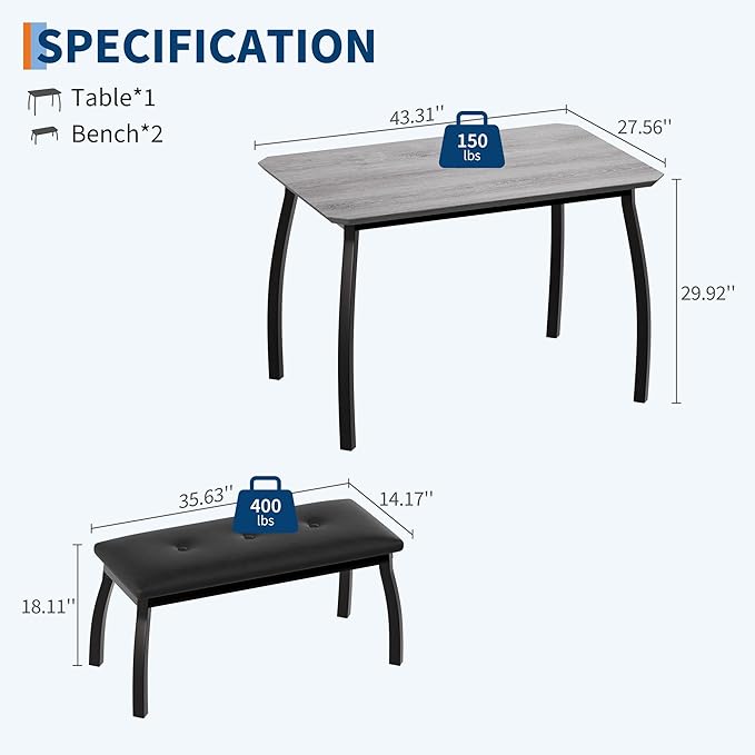 GAOMON Dining Table Set for 4, Metal Frame Kitchen, 3 Piece Dining Room Table - Image 2