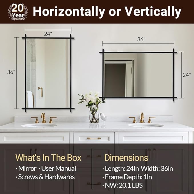 ANDY STAR Black Vintage Bathroom Mirror, 24x36 Inch Cross Corner Mirrors - Image 2