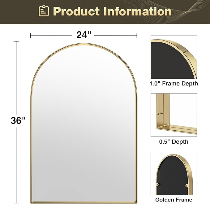 Brightify Arched Mirror, 24 x 36 Inch Gold Arch Mirror, Metal Frame Gold Arched - Image 6