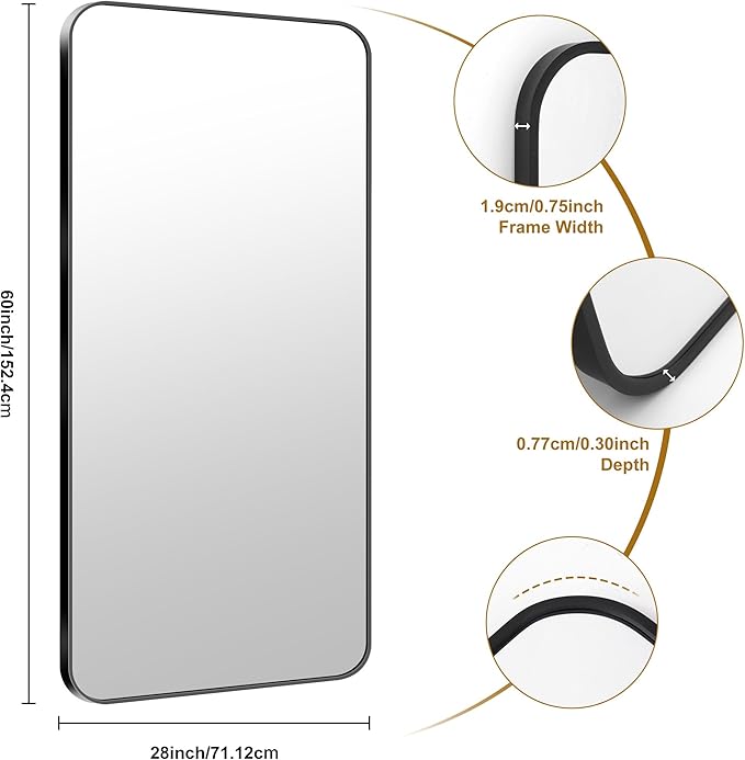 KOCUUY Black Bathroom Mirror 60"x28", Large Vanity Mirror - Image 8