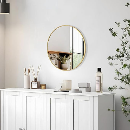 12 Inch Gold Round Bathroom Mirror Circle Wall Mirrors Brushed Metal Frame by PUZONJIG