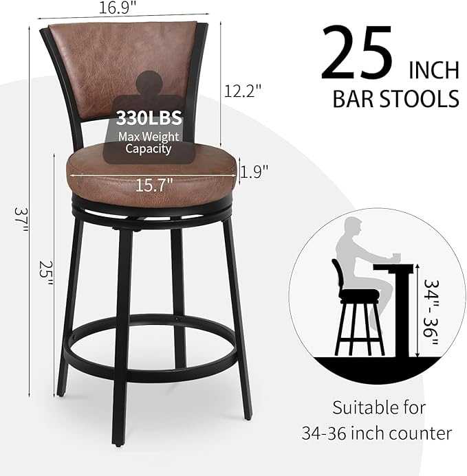 Bar Stools Set of 2, 25 Inch Metal Counter Height Bar Chairs, Modern Faux - Image 3