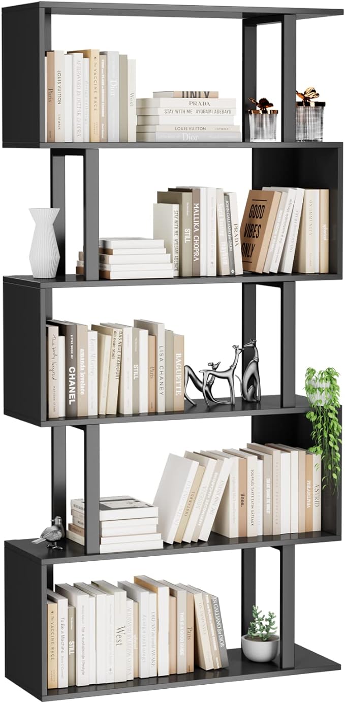 Gadroad 5-Tier Geometric Bookcase, S Shaped Bookshelf, Wood Decorative Storage by Gadroad