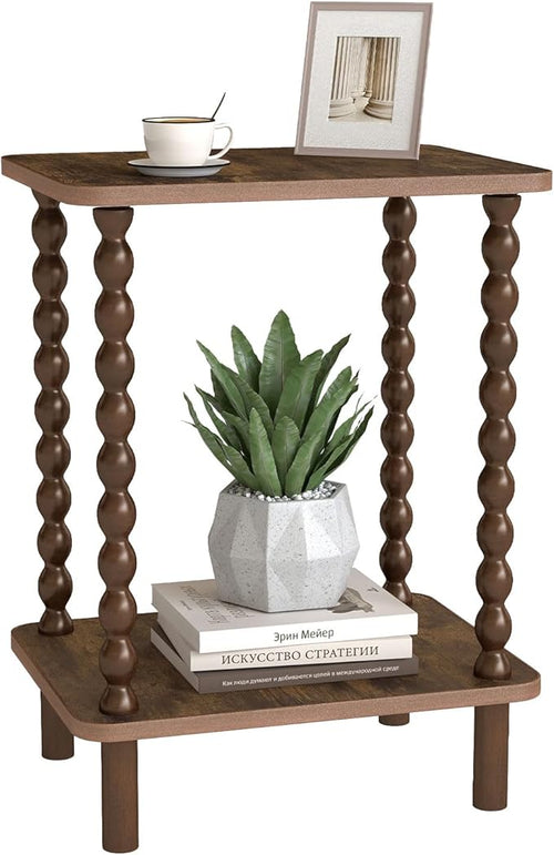 2-Tier End Table, Vintage Side Table, Solid Wood Bedside Table by Funecy