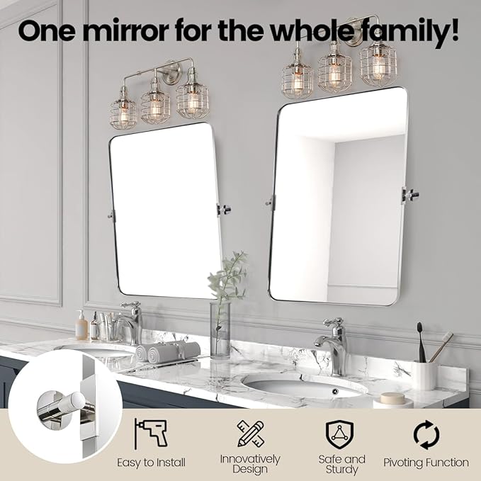 MOON MIRROR Chrome Pivot Rectangle Bathroom Mirror, Modern Tilt Rounded - Image 2