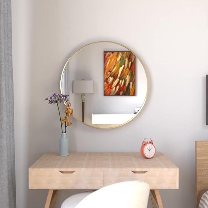 24 inch Gold Circle Wall Mirror, Brushed Gold Metal Framed Round Mirror - Image 6