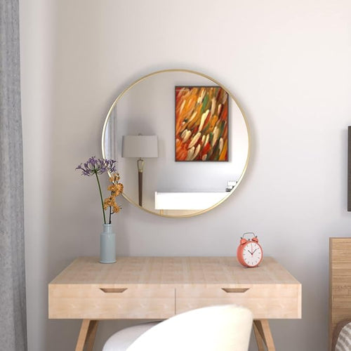 28 inch Gold Circle Wall Mirror, Brushed Brass Golden Metal Framed Round Mirror - Image 2