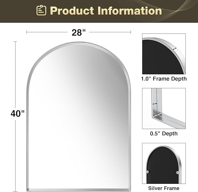Brightify Arched Mirror, Arched Wall Mirror, 28 x 40 Inch Silver Arch Mirror - Image 6