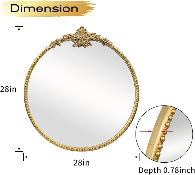 Round Gold Mirror, 28inch Baroque Style Vintage Decorative Circle Wall Mirror - Image 4