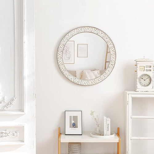 24" Round Mirror Farmhouse Wooden Frame Circle Mirrors, Rustic Decorative - Image 2