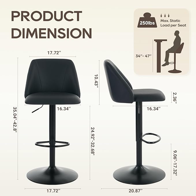 COLAMY Bar Stools Set of 3, Modern Swivel Bar Chairs, Adjustable PU Leather - Image 2