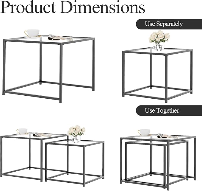 VILAWLENCE Coffee Table Set of 2, Modern Black Glass Side Table, Metal Frame - Image 7