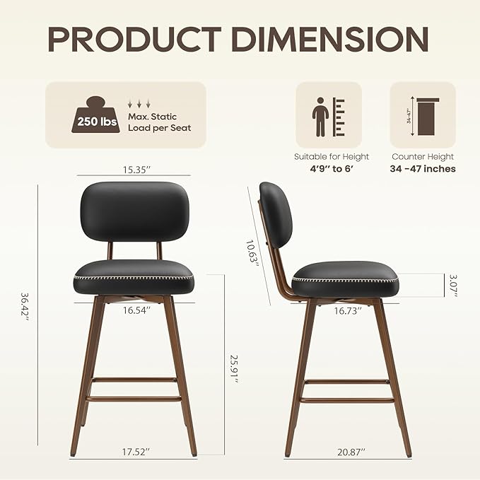 PU Leather Swivel Bar Stools Set of 2, Mid Century Counter Height Bar Chairs - Image 2