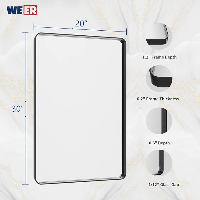 WEER Black Bathroom Mirror 20X30 Inch, Rectangular Matte Black Metal Framed - Image 6