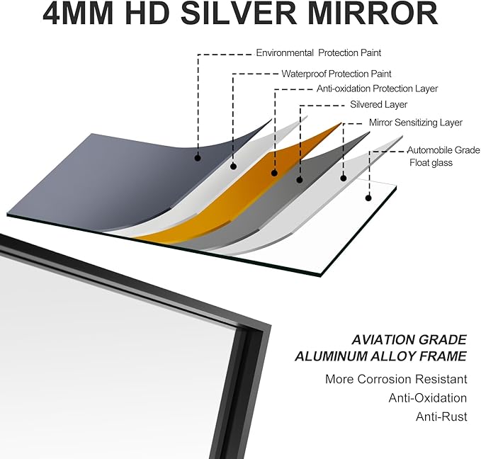 30x48 Inch Black Bathroom Mirror, Copper-Free Mirror, Aluminum Alloy Frame - Image 6