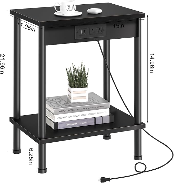 End Table with Charging Station, Small Side Table, 2-Tier Nightstand with - Image 3