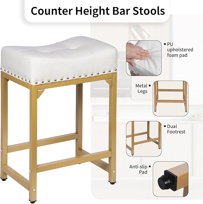 White & Gold Counter Height Bar Stools Set of 3, Modern Counter Stool Set of 3 - Image 6