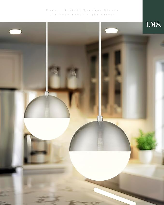 LMS Mid Century Pendant Lights, Brushed Nickel Kitchen Island Light Fixtures - Image 6