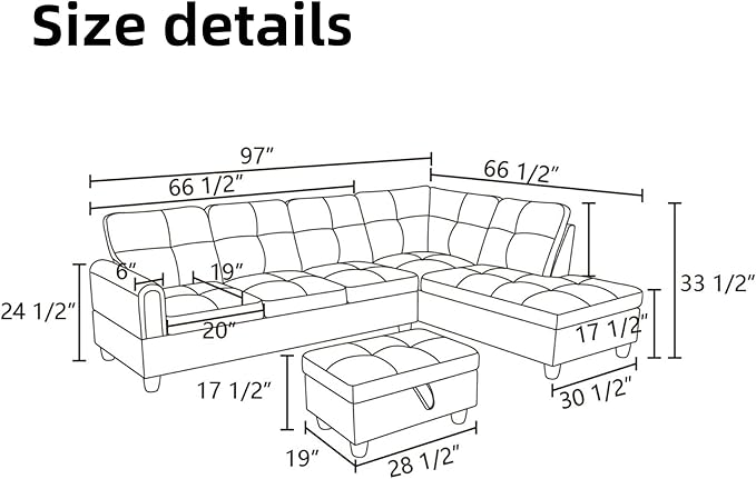 Sectional Couch with Otttoman, Modern Modular Couches with Cup Holders - Image 2