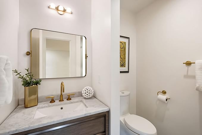 MOON MIRROR 30" x 22" Brushed Gold Rectangle Bathroom Mirror, Tilting Rounded - Image 6