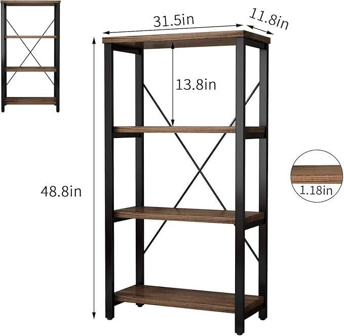 4 Tier Bookshelf, Solid Wood Bookcase Shelf Storage Organizer, Vintage Storage - Image 2