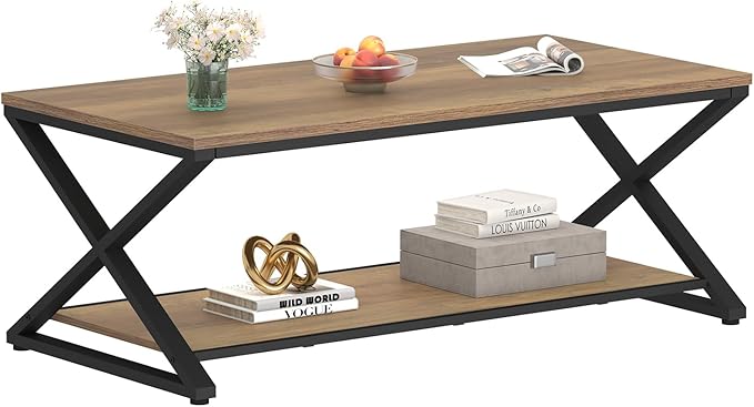 HSH Rustic Farmhouse Coffee Table, Modern Minimalist Wood and Metal Living Room - Image 9