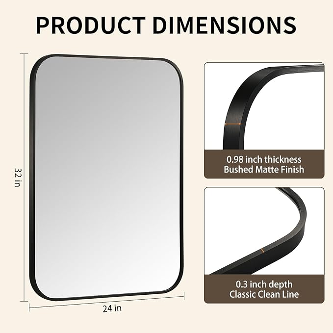 Black Bathroom Mirror, 24x32 Inch Aluminum Frame Rectangle Mirror, Tempered - Image 5