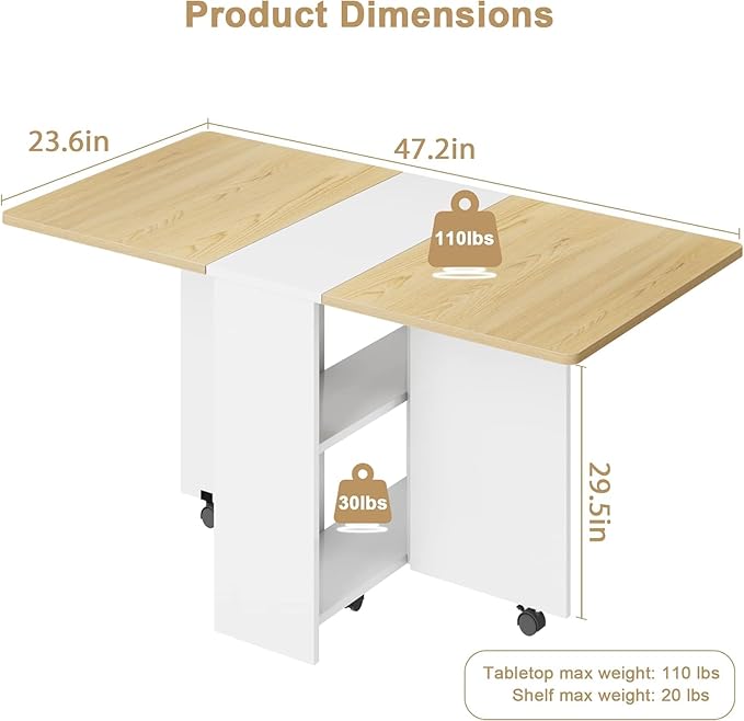 IDEALHOUSE Folding Dining Table, Drop Leaf Table - Image 2
