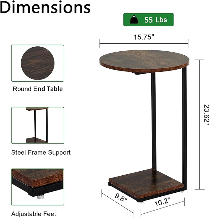 HDANI C Table End Table, Round Side Table That Slide Under, C Shaped End Table - Image 3